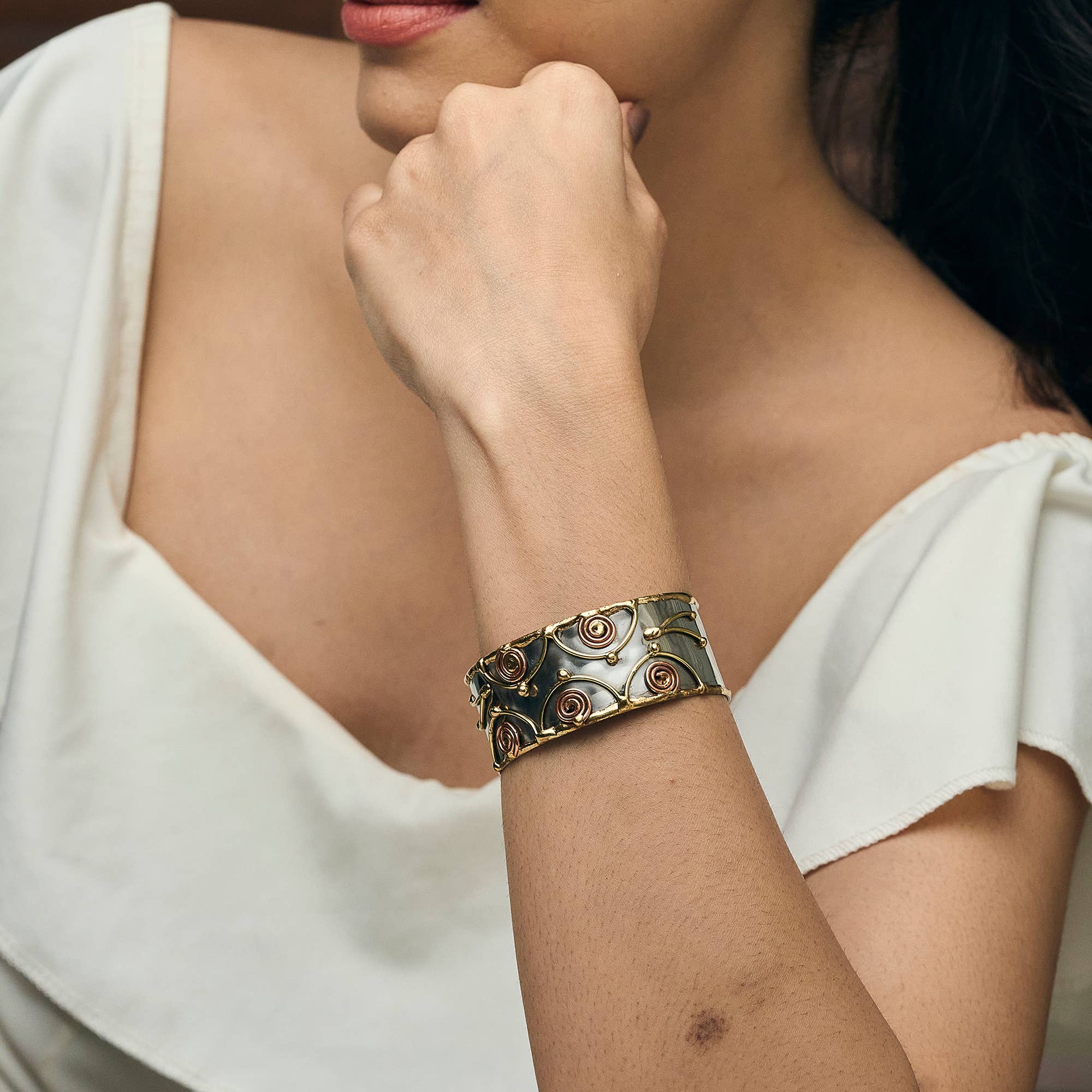 Mixed Metal Cuff Bracelet - Arcs and Spirals