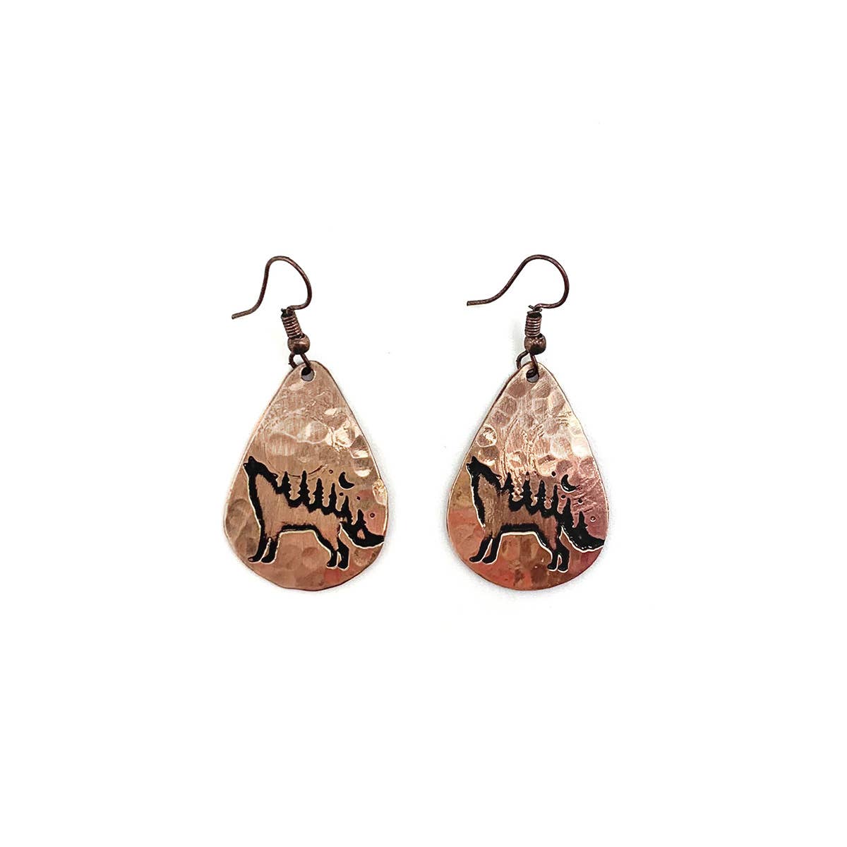Howling Wolf and Trees Copper Engraved Earrings