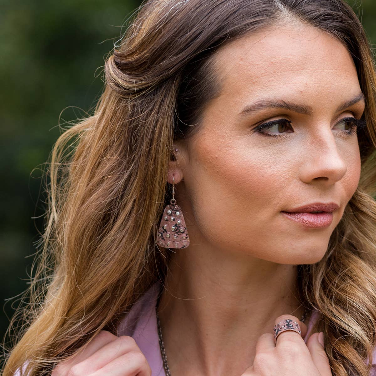Silver Patina Earrings - Dusty Rose Rivets in Trapezoid