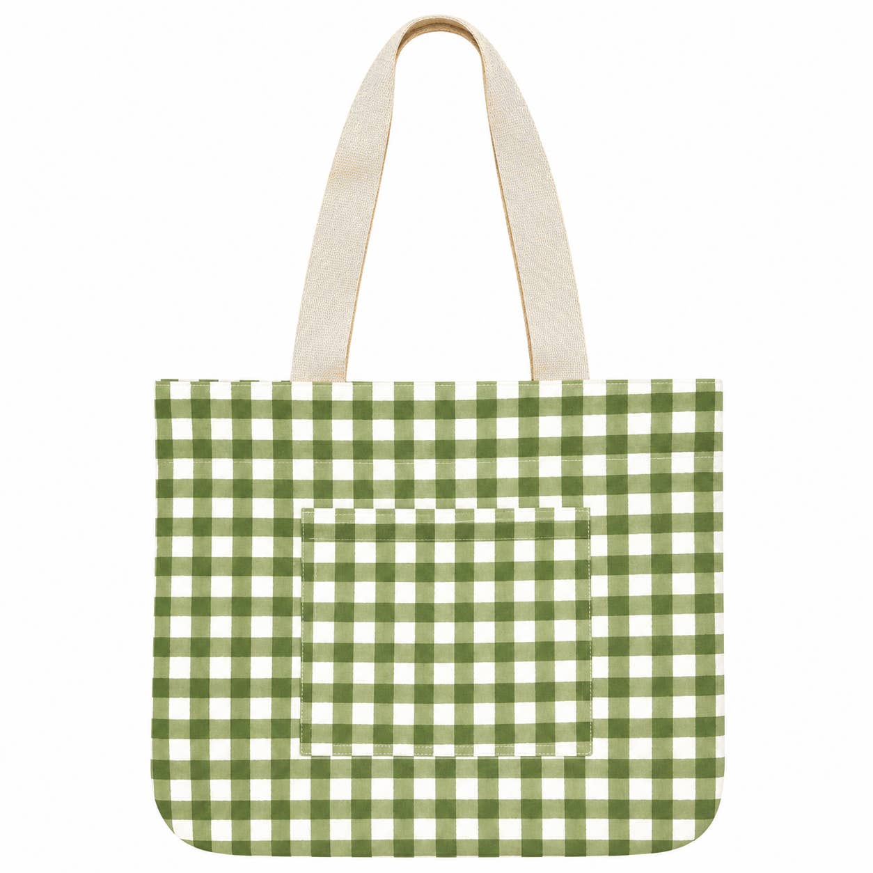 HandCrated Block Printed Canvas Pocket Tote - Green Gingham