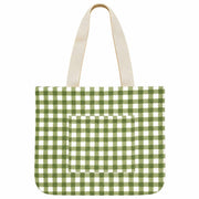 HandCrated Block Printed Canvas Pocket Tote - Green Gingham
