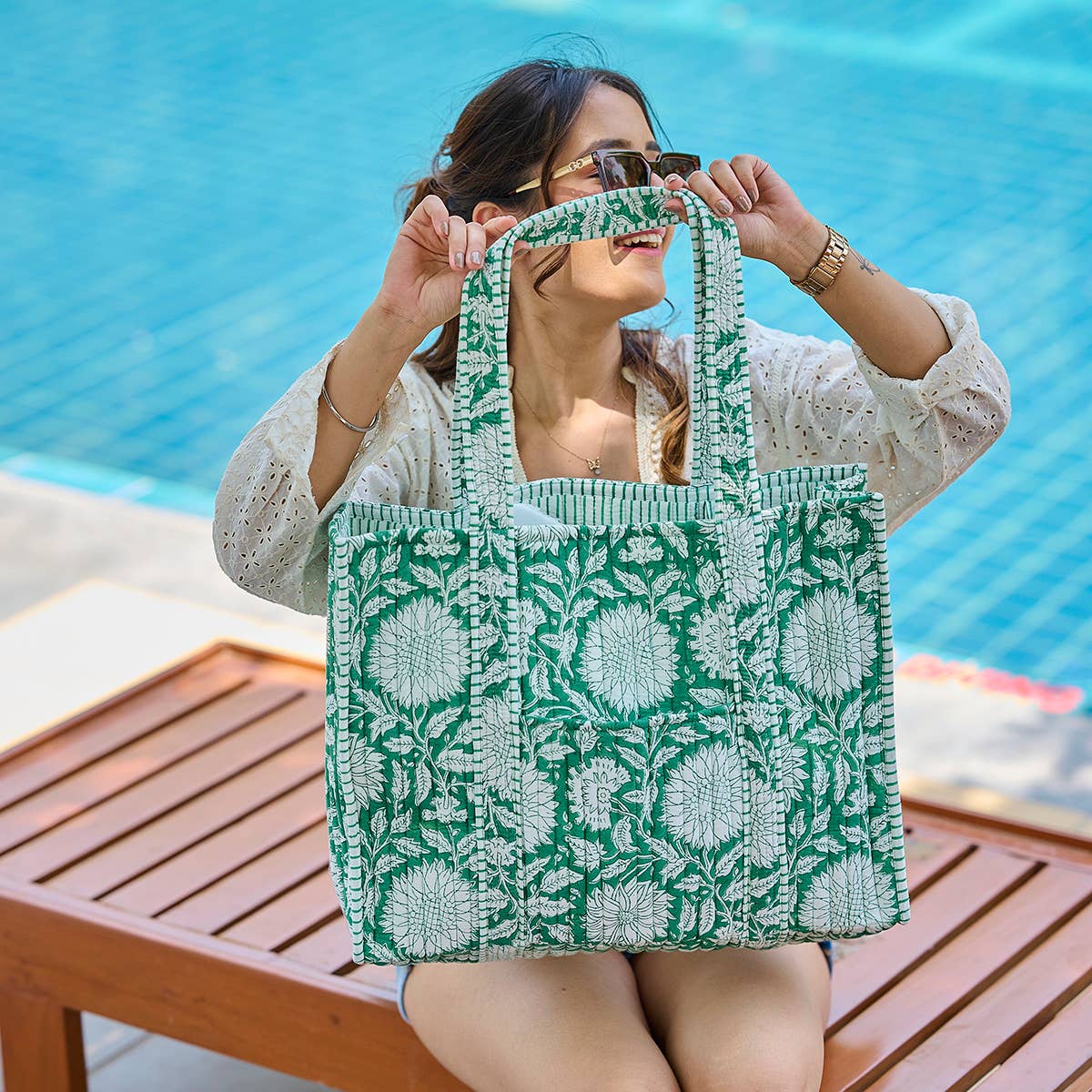 Hand Creafted Teal Dan Quilted Block-Printed Tote