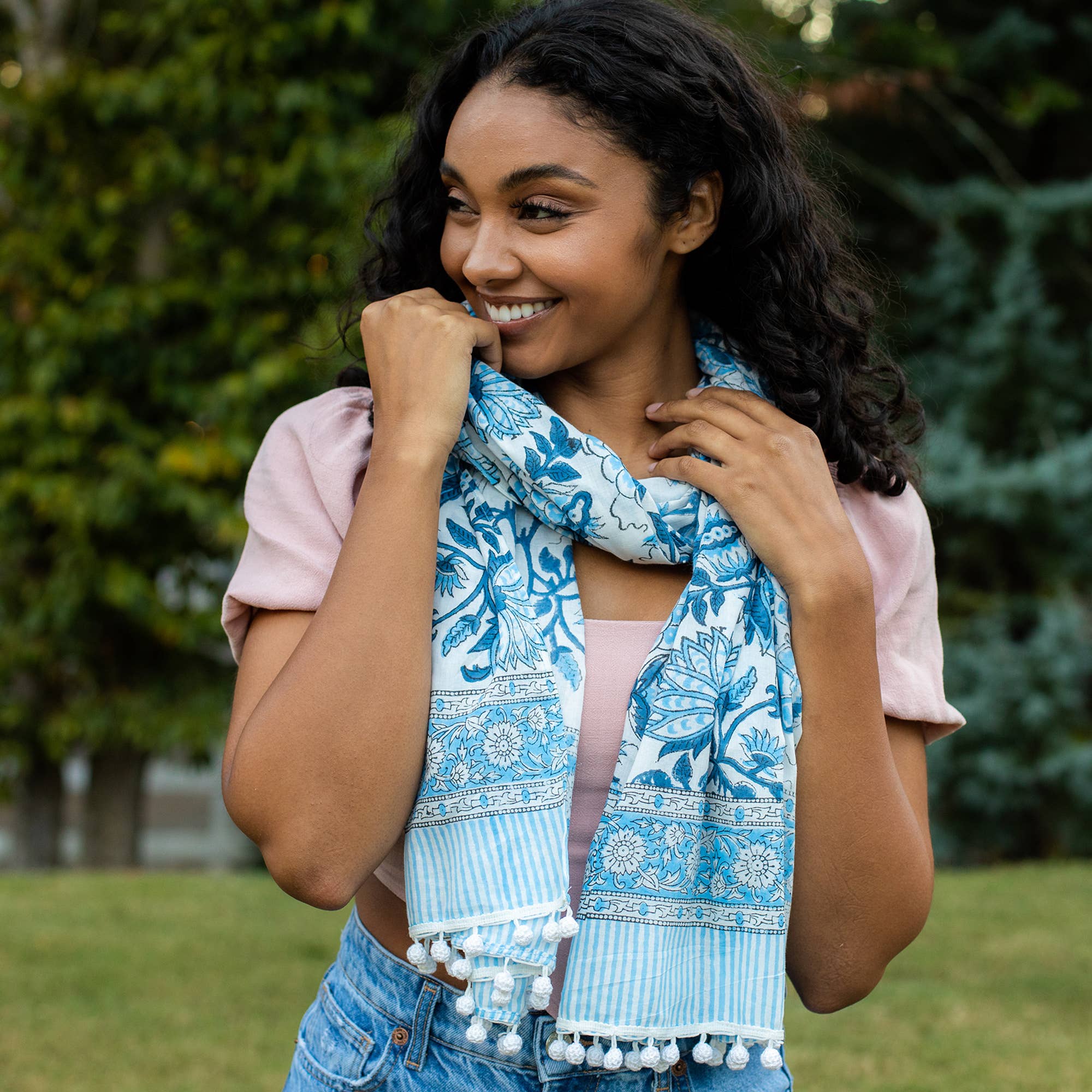 Block Printed Cotton Scarf - Blue and White Large Floral