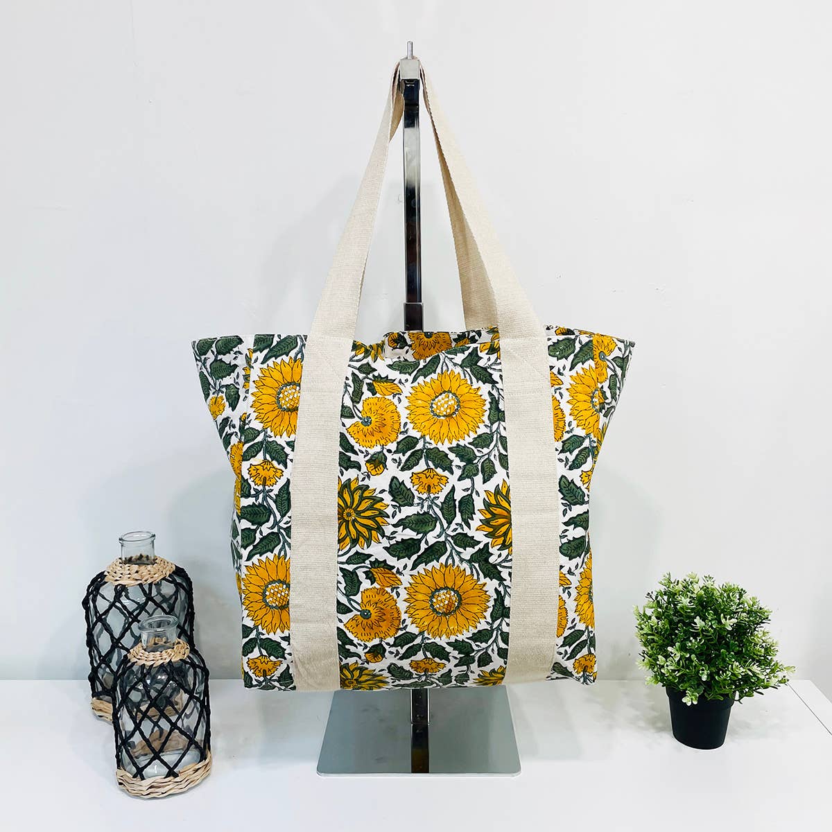 Handcrafted Canvas Bag with Block-Printed  Radiant Sunflower