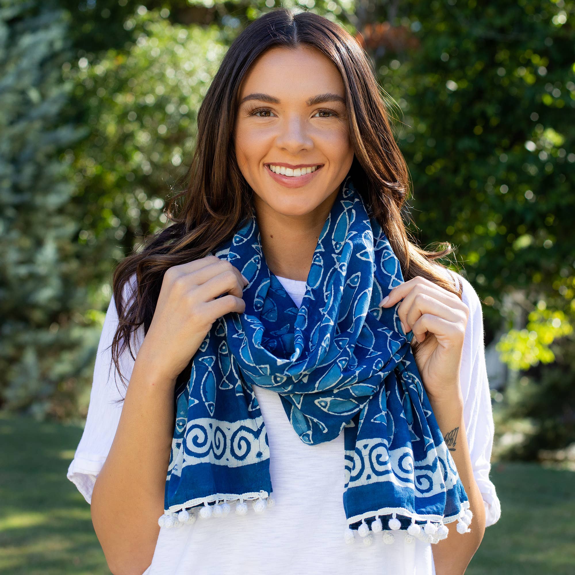 Block Printed Cotton Scarf - Indigo Blue Fish