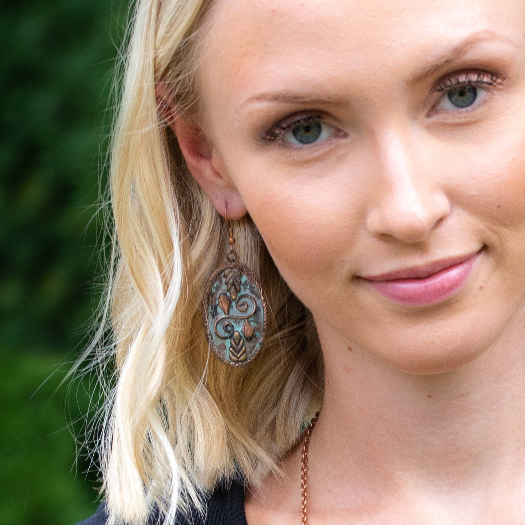 Copper Patina Earrings - Double Spiral and Leaves in Oval