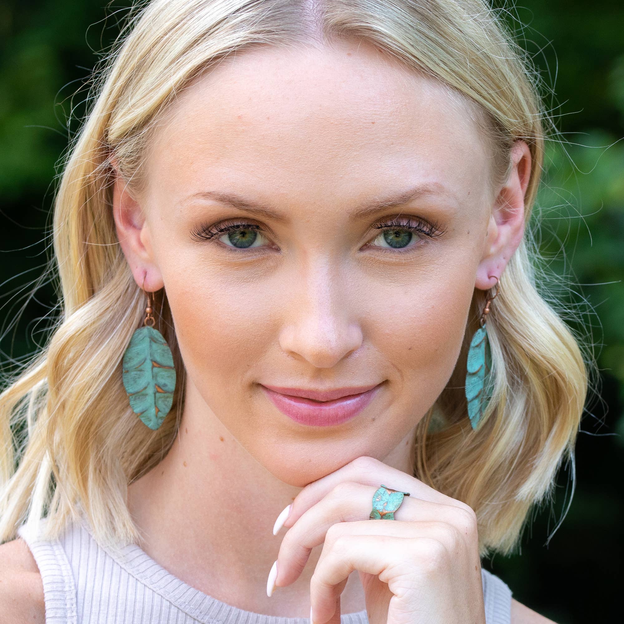 Copper Patina Earrings - Teal Leaf