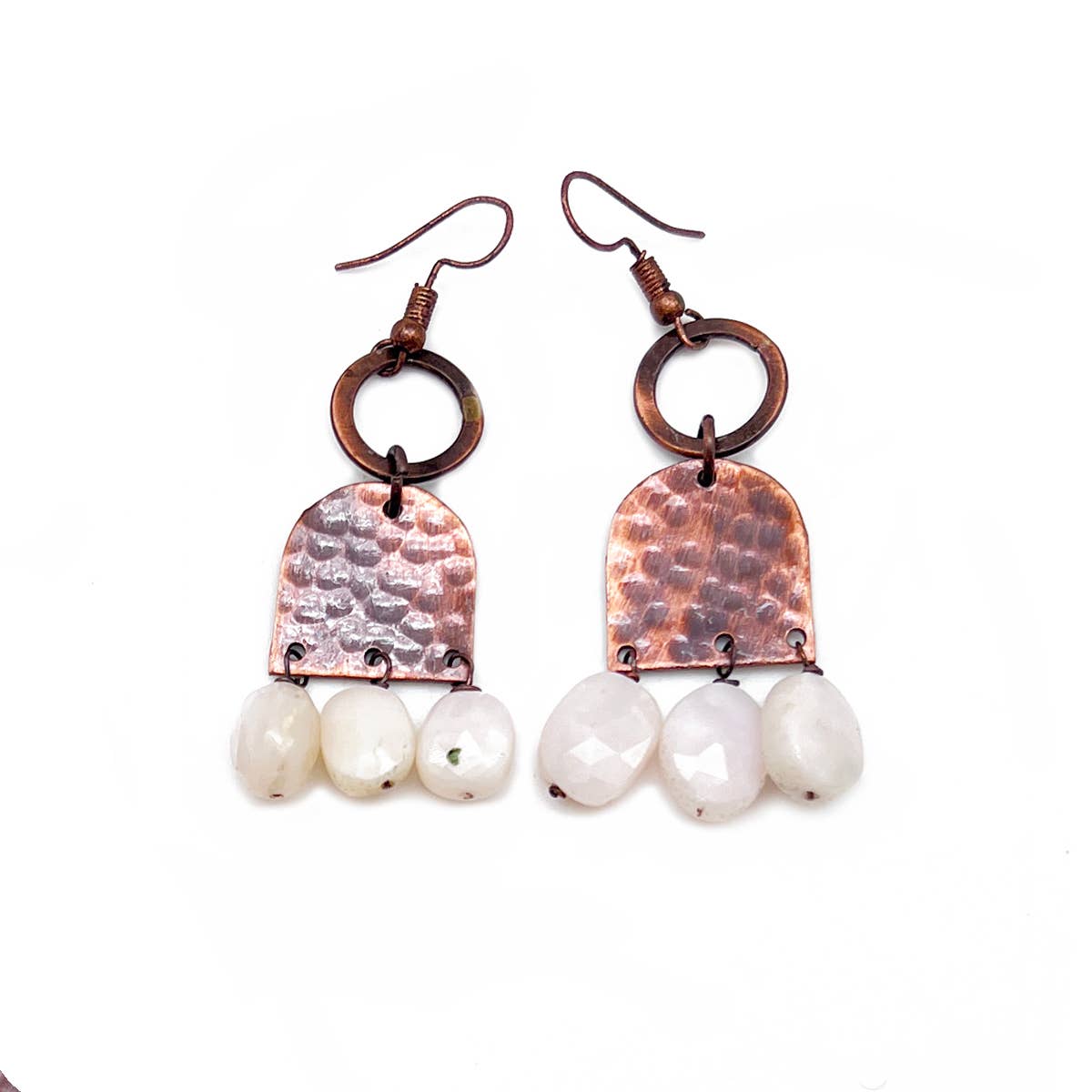 Banjara Earrings - Hammered Copper and Rose Quartz