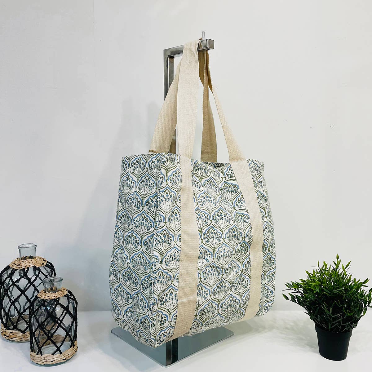 Handcrafted Canvas Bag with Block-Printed Floral Peacock