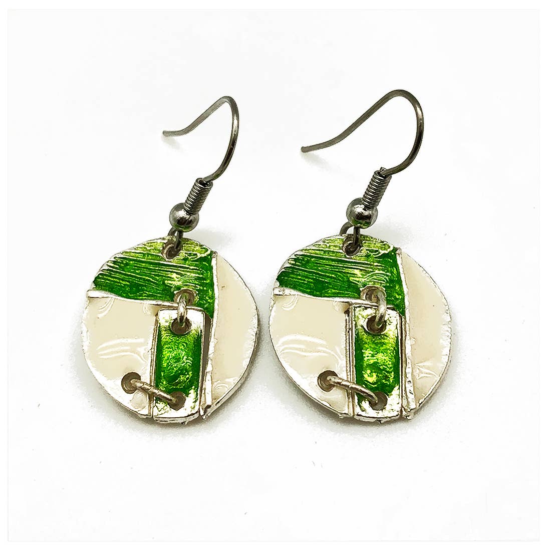 Pewter Earrings with Color Enamel - Light Green/Cream