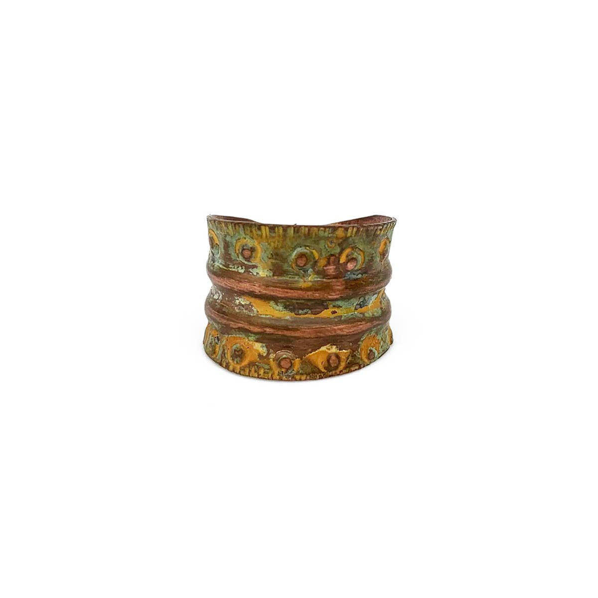 Copper Patina Ring - Chartreuse Band and Rivets