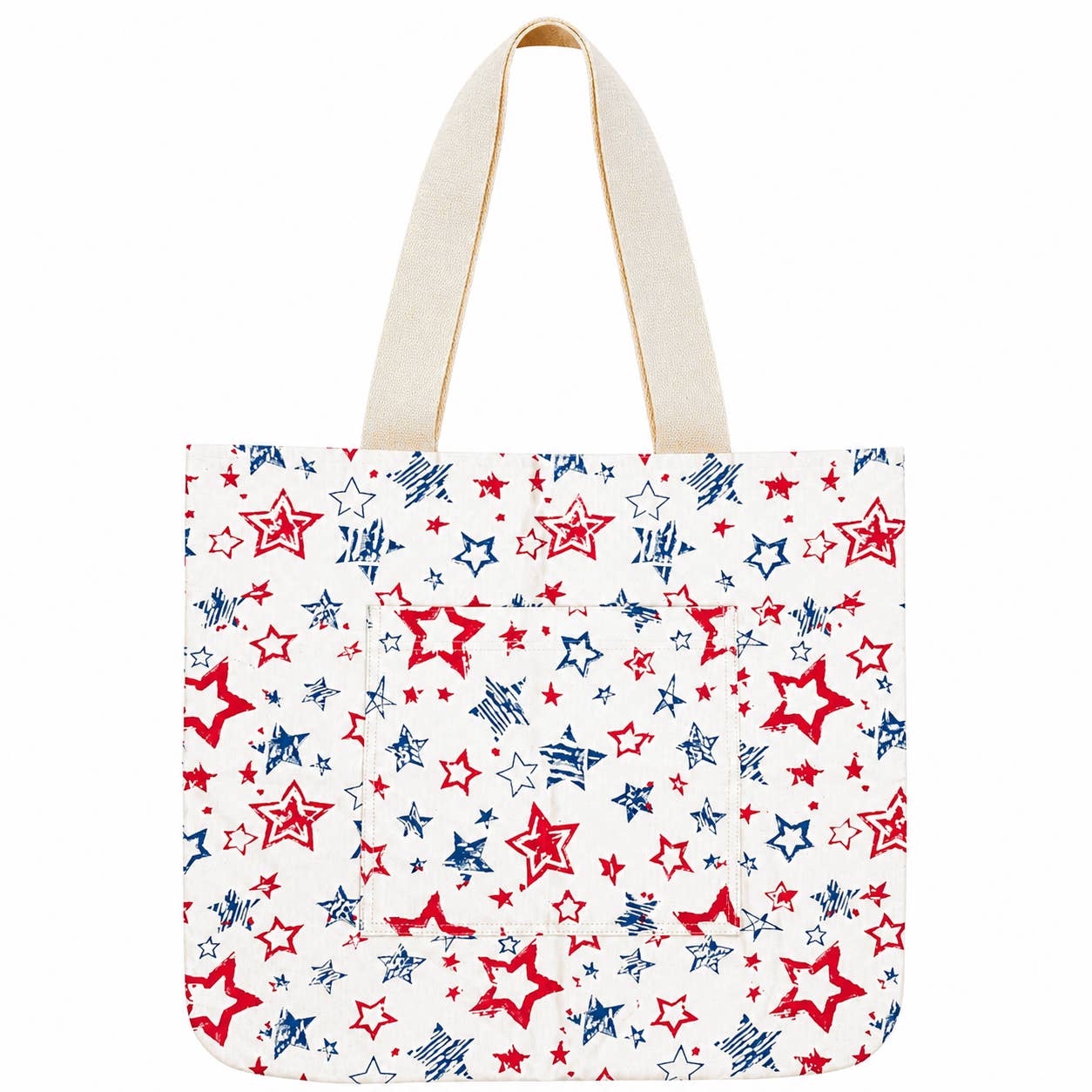 HandCrafted Block Printed Canvas Pocket Tote Red Blue Stars