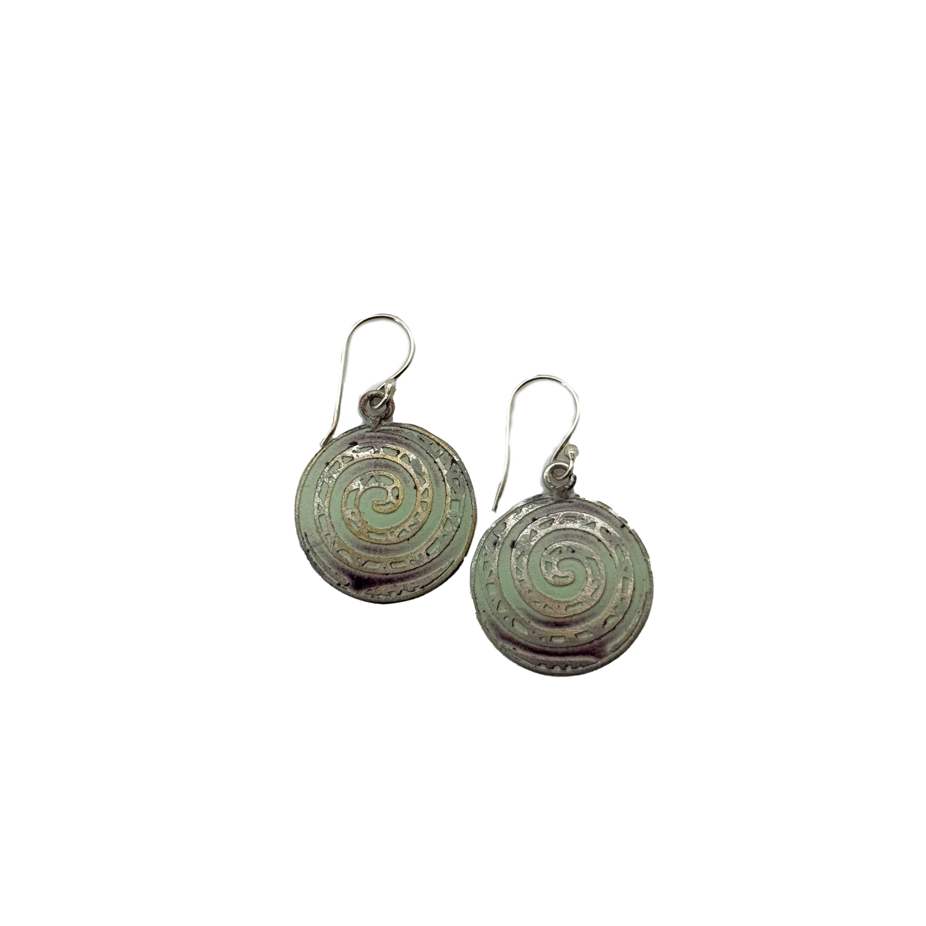 Handcrafted Silver Patina Teal Spiral Earrings