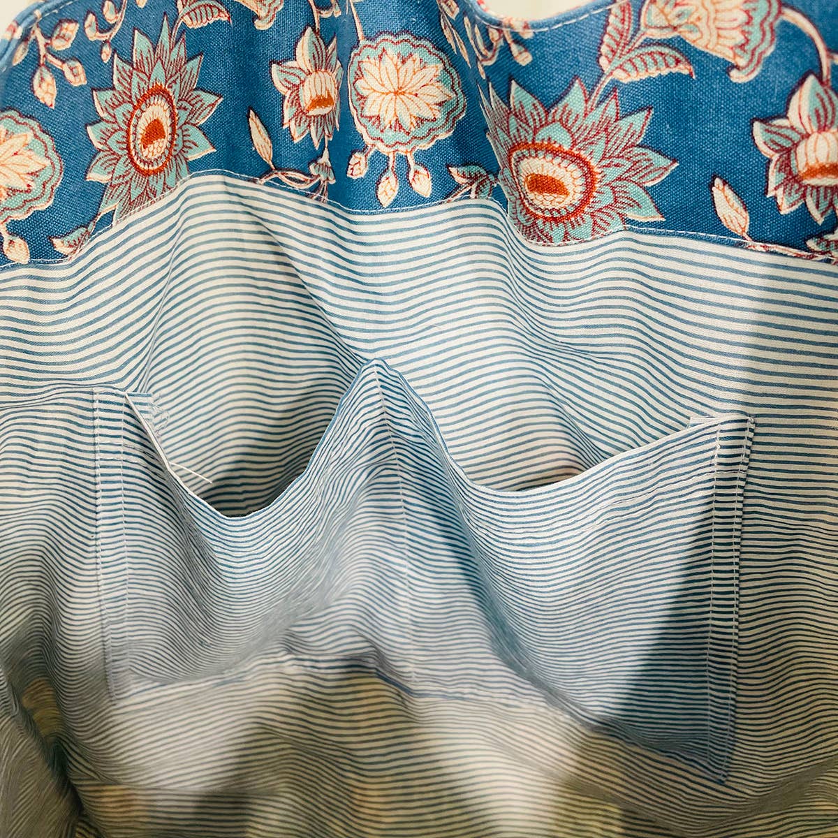 Handcrafted Canvas Bag with Block-Printed  Denim Floral