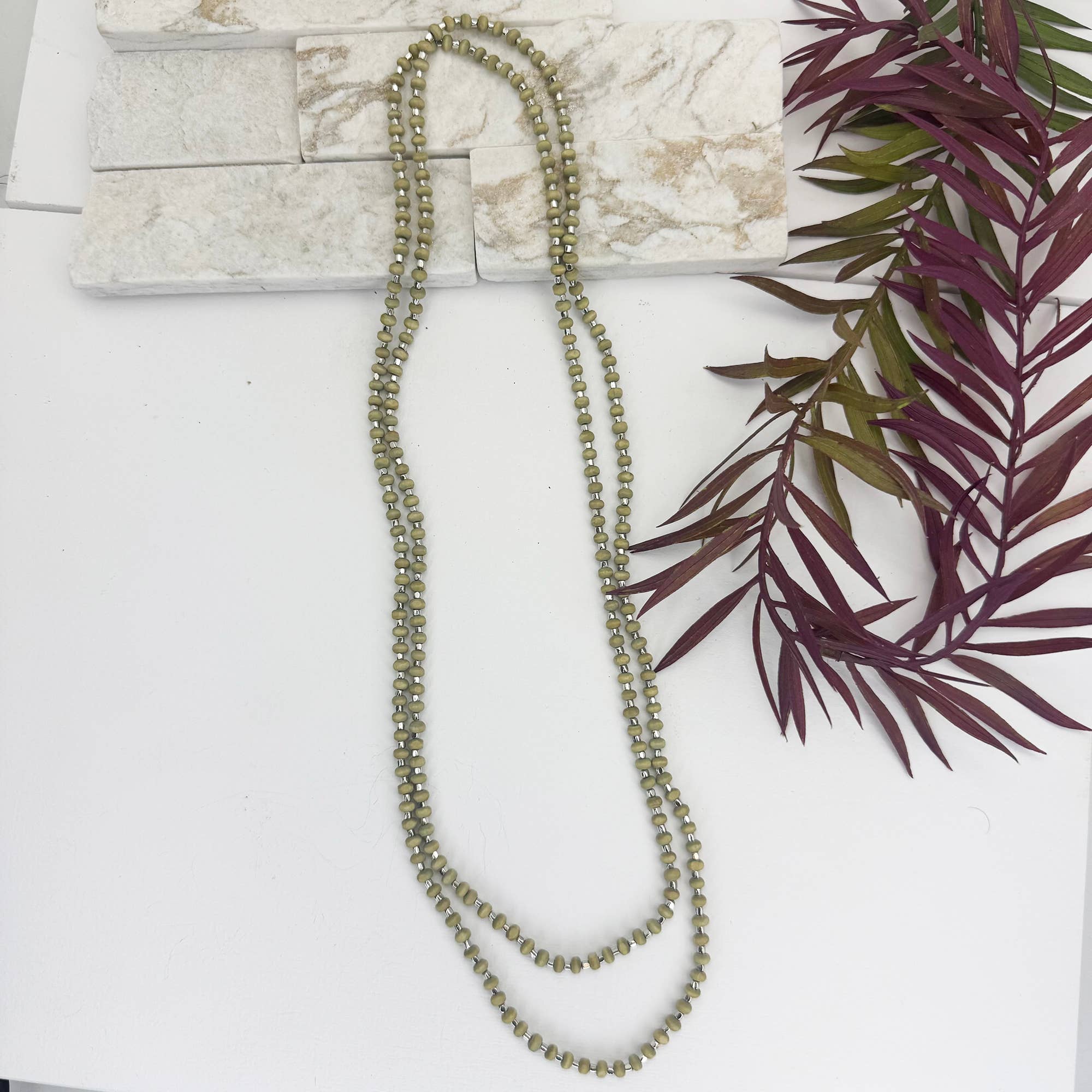 Sachi Long Wood Bead Necklace - Sage
