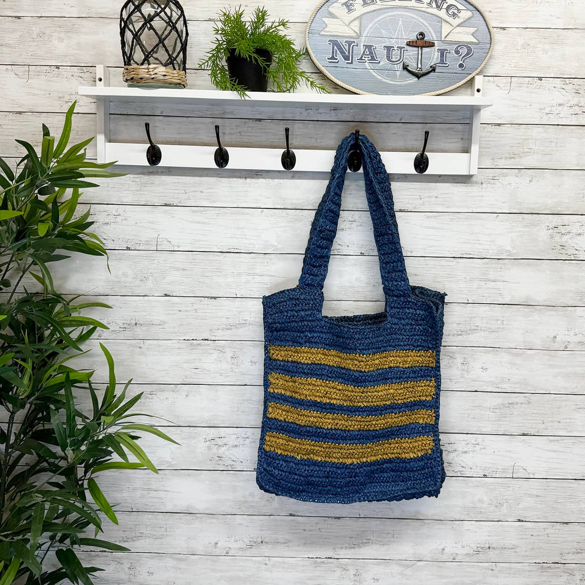 Kauai Bag - Navy Box Bag with Natural Stripes