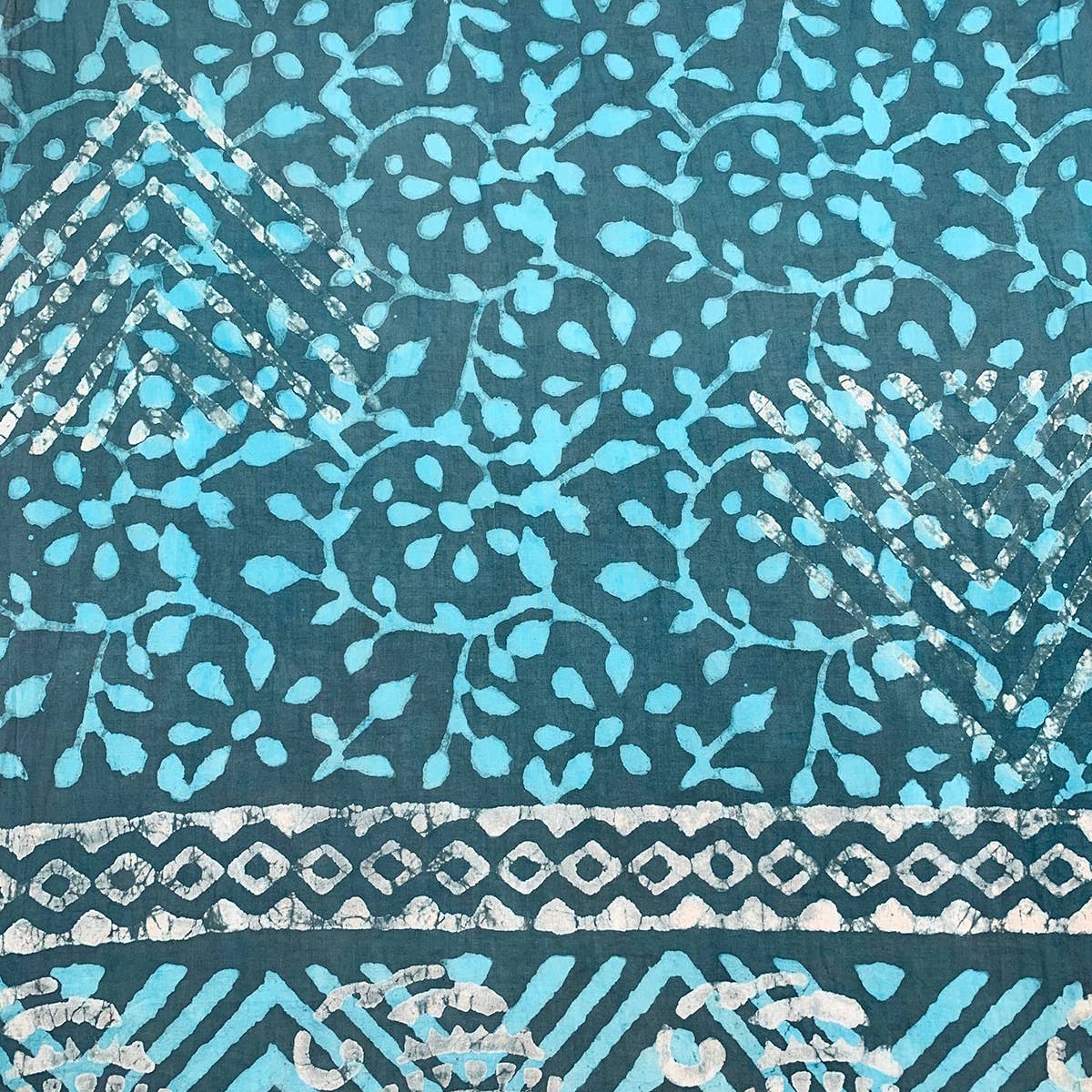 Block Printed Cotton Scarf - Blue with Aqua Leafy Vines