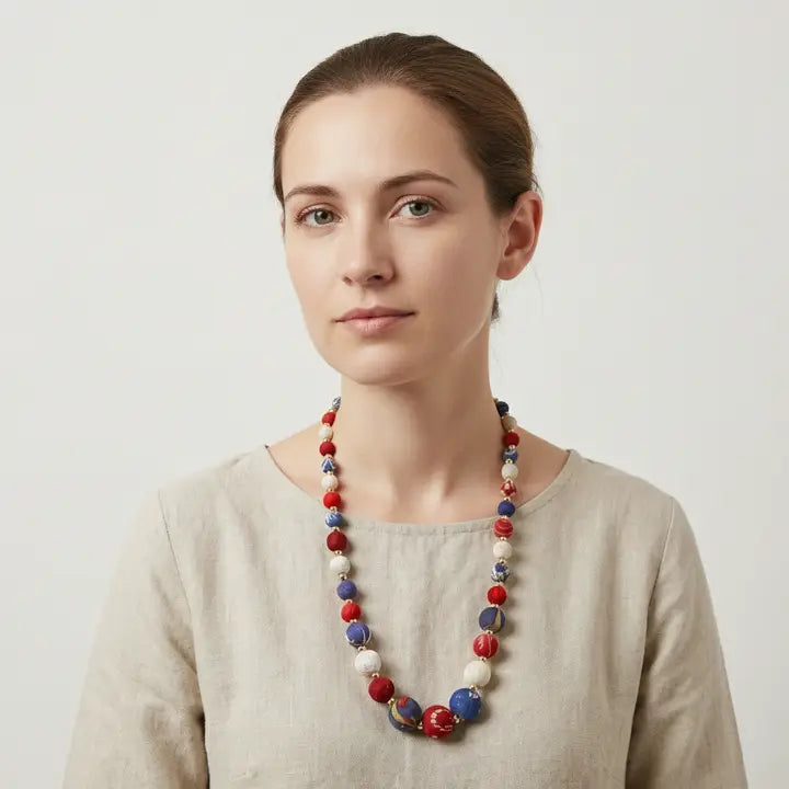 Aasha Cascade Patriotic Kantha & Handcrafted Necklace