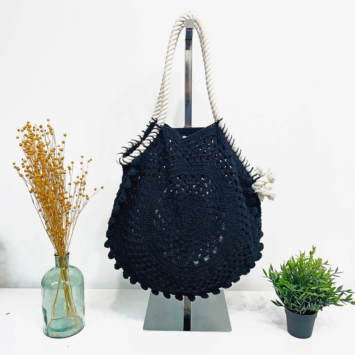 Nina Bag - Knitted Cotton Bag with Rope Handles - Black