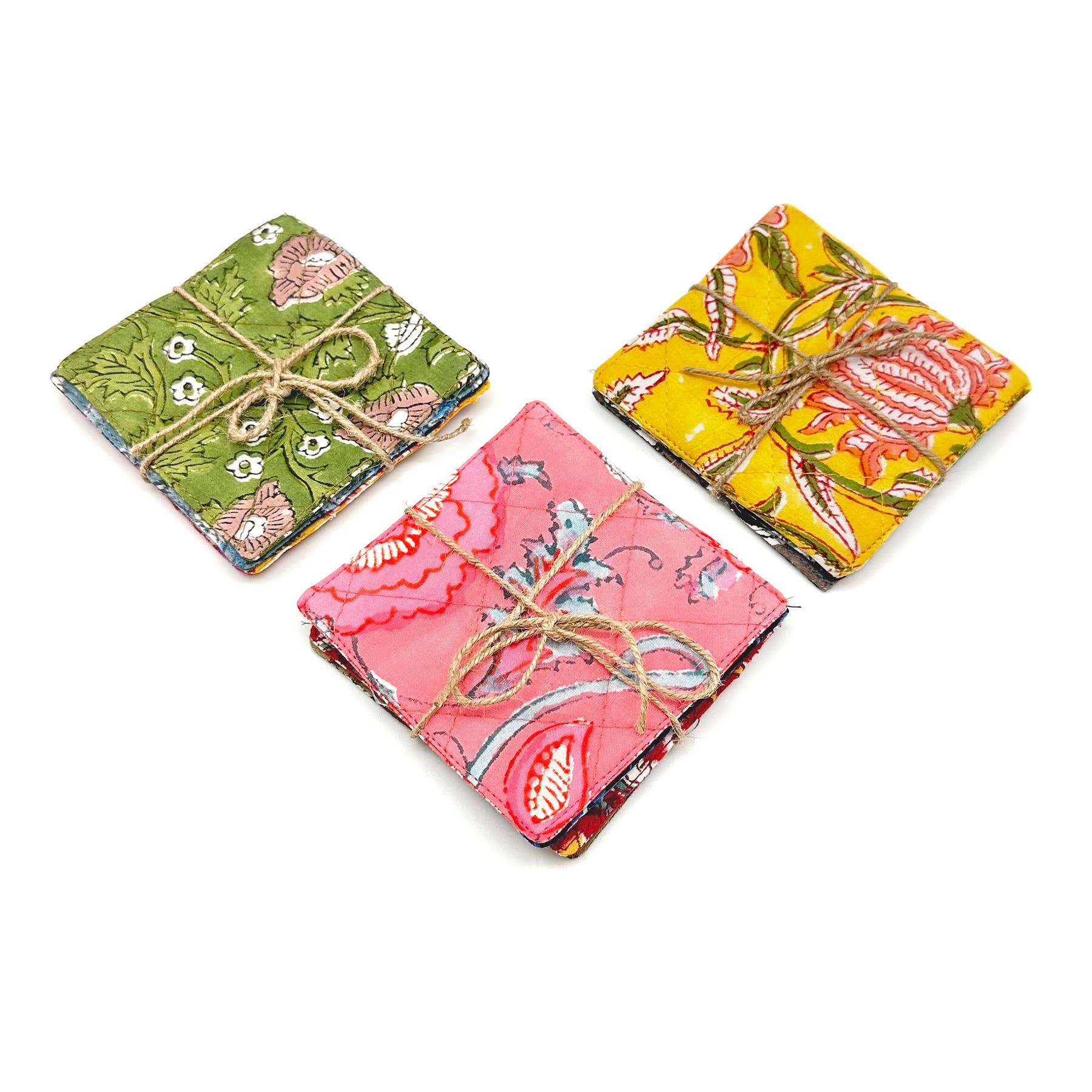 Block Printed Cotton Quilted Coaster Set - Set of 4 Assorted