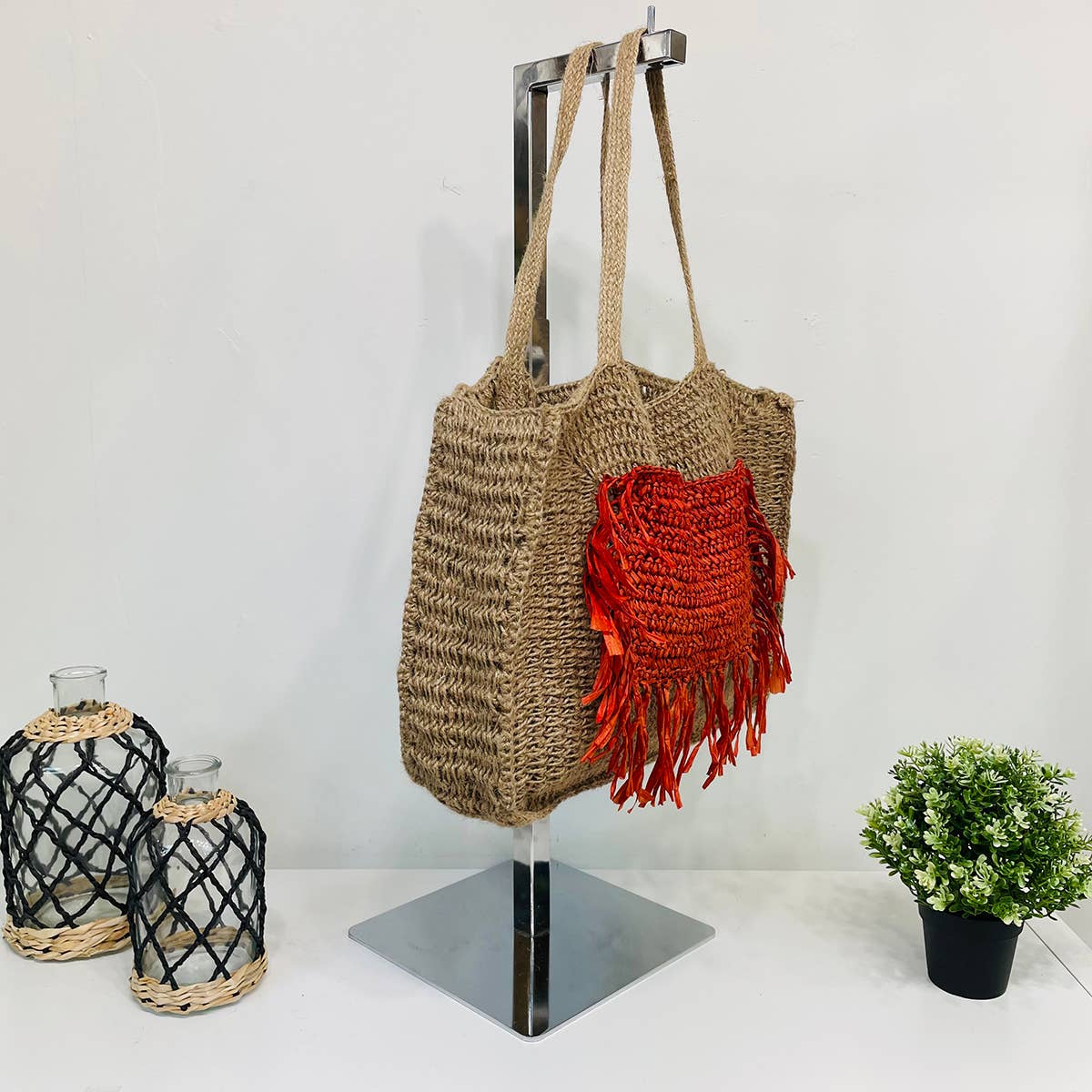Lana Woven Jute Bag with Color Raffia Pocket - Red