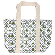 Handcrafted Canvas Bag with Block-Printed Blue Trellis
