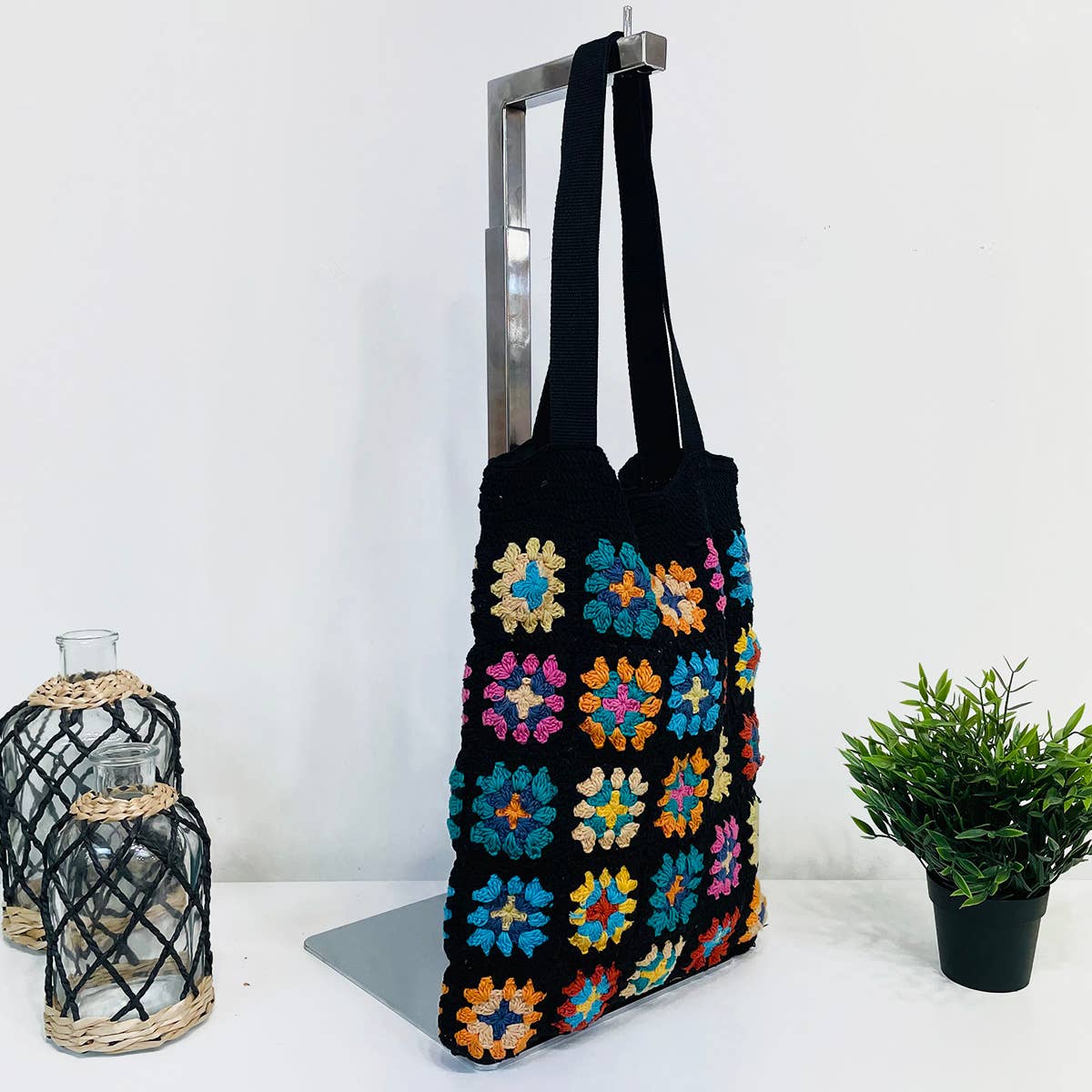 Laya Black Cotton Crochet Tote Bags