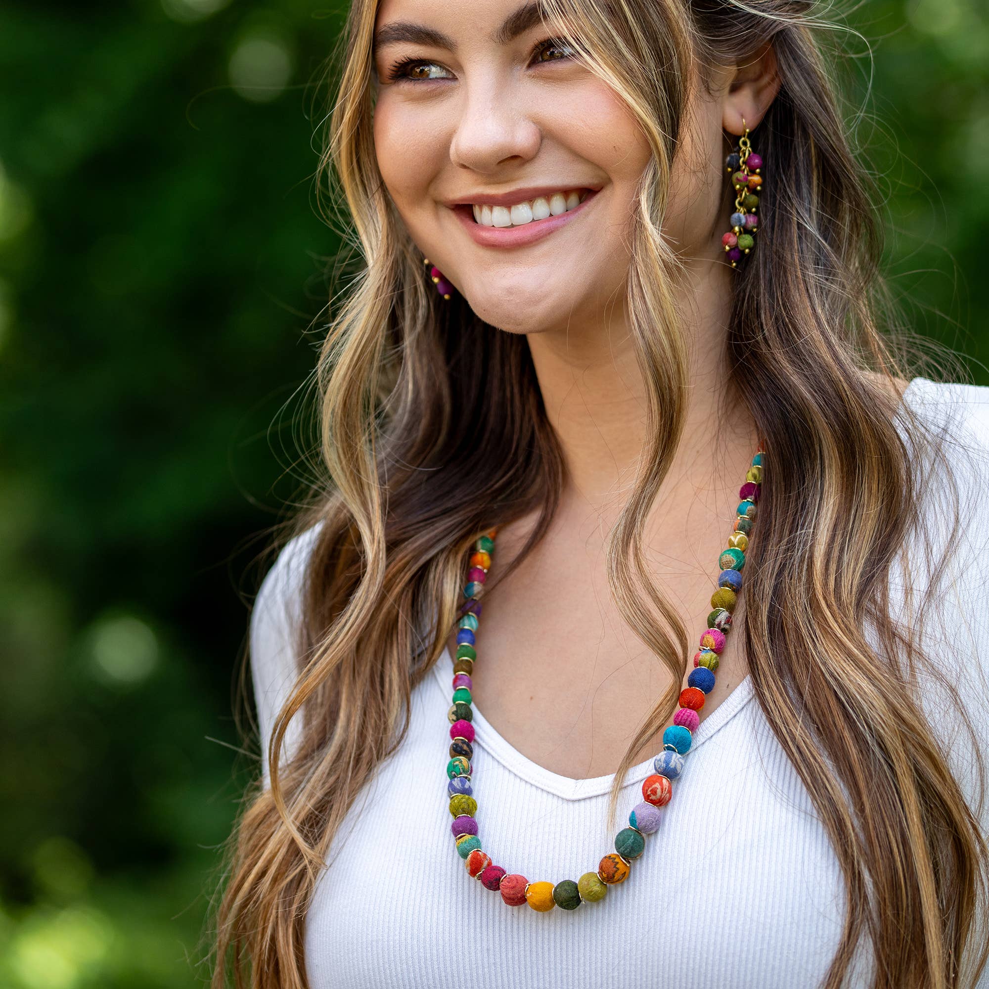 Aasha Small Beaded Kantha Necklace with Gold Spacers