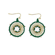Seed Bead Mandala Hoop Earrings- Green and White
