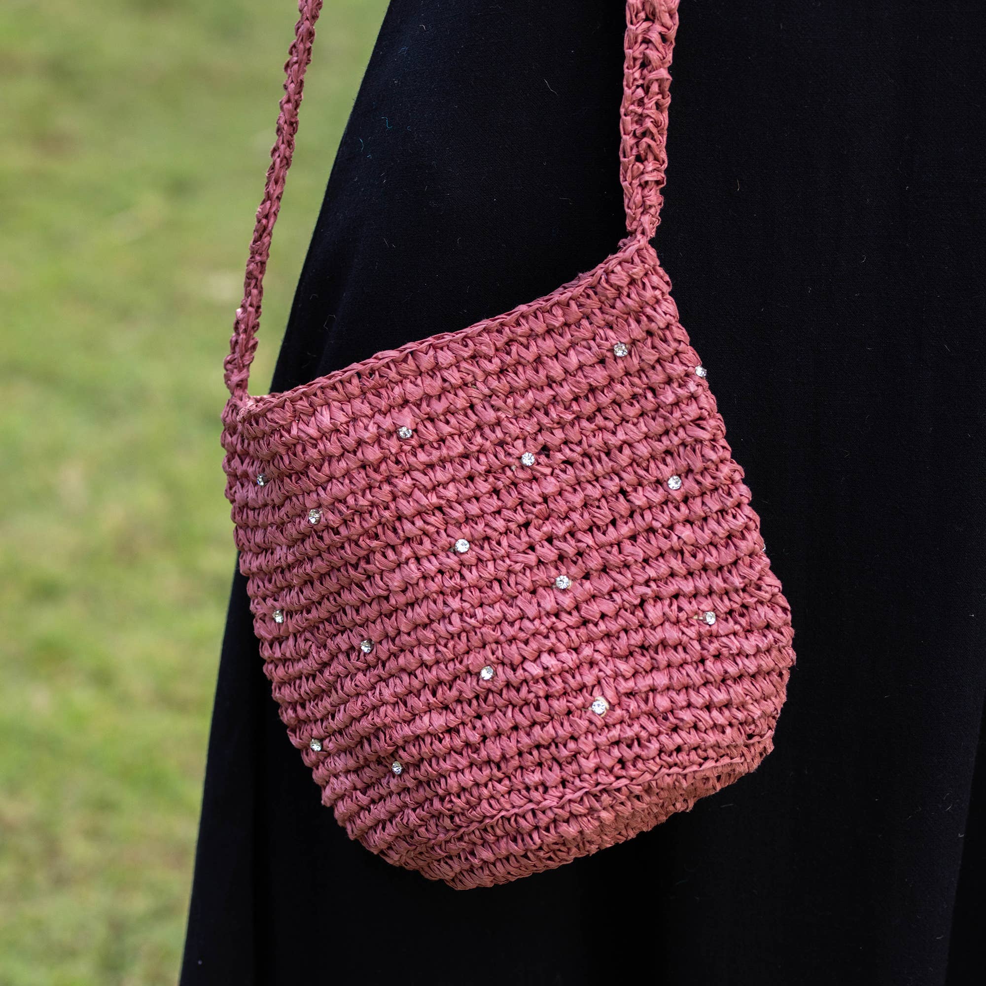 Sylvie Bag - Raffia Bucket Bag with Rhinestones - Pink