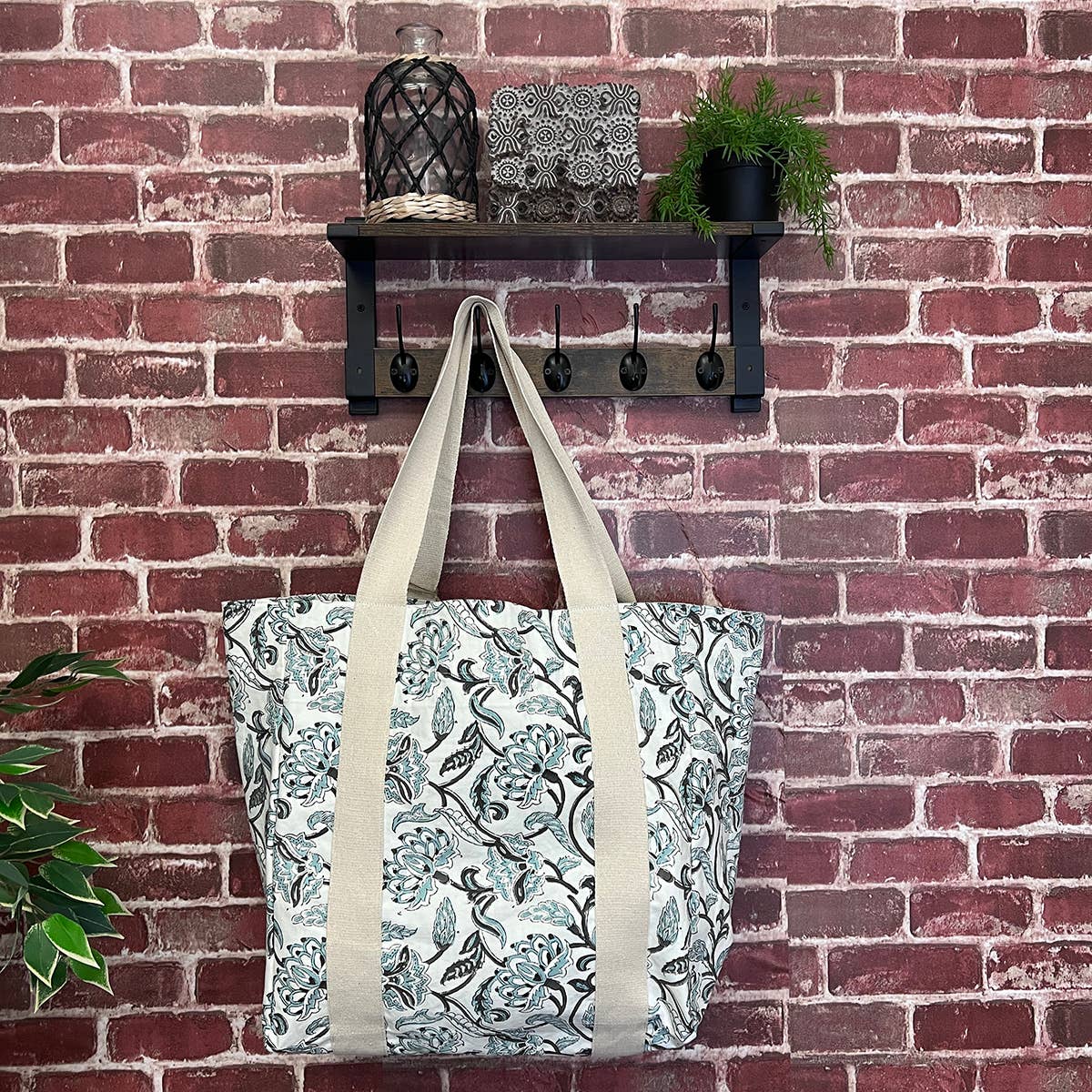 Handcrafted Canvas Bag with Block-Printed Teal Oasis