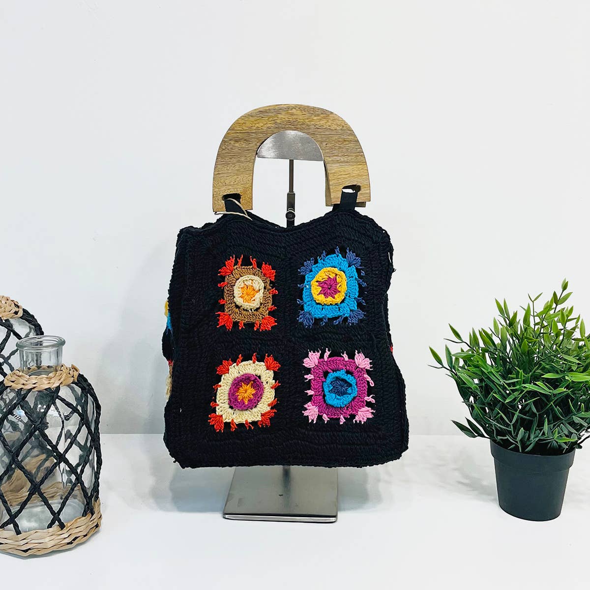 Laya Black Cotton Crochet Small Top Handle Mini Bags