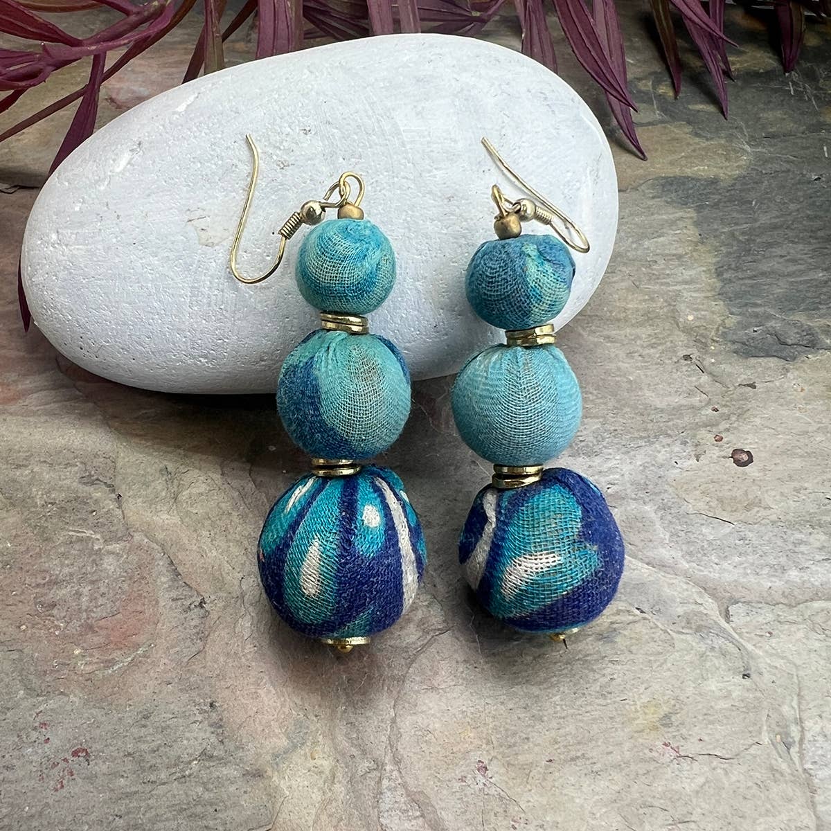 Aasha Trio Aqua Big Beaded Kantha Handcrafted Earrings