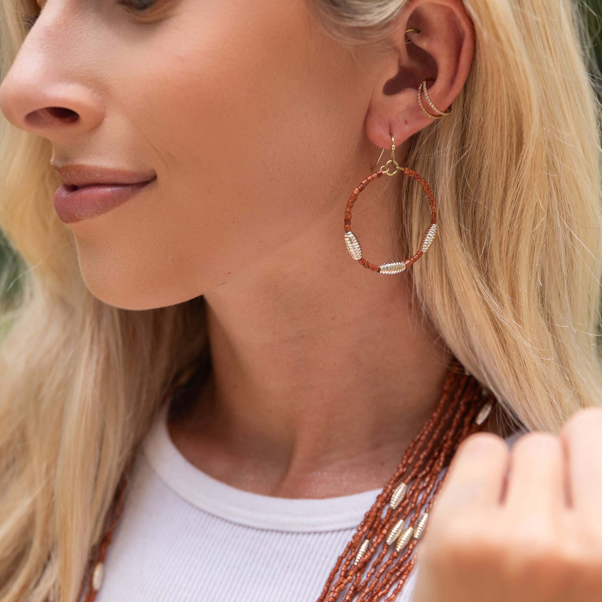 Seed Bead Hoop Earrings - Brown
