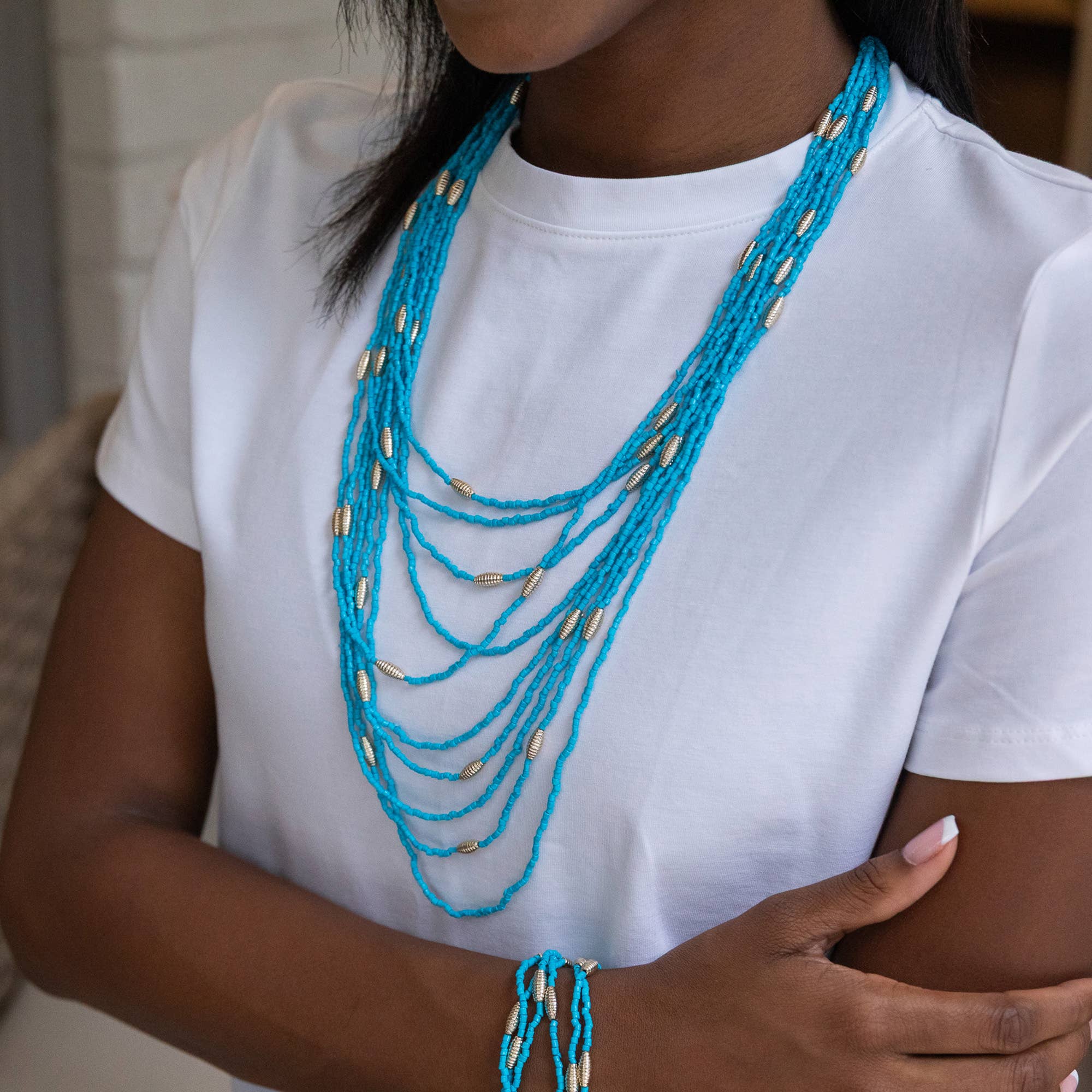 Seed Bead Multi-Strand Necklace - Ocean Blue