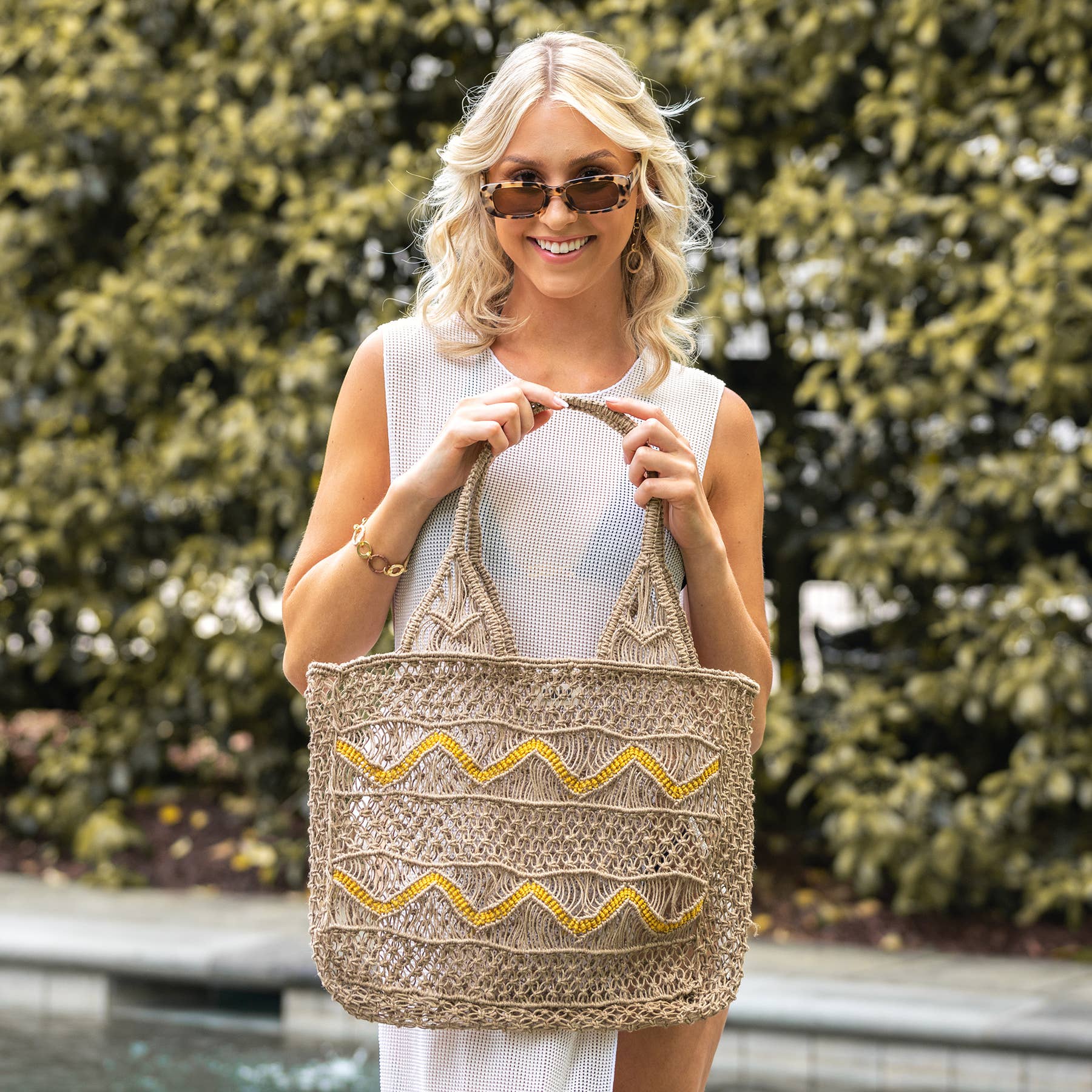 Leona Chevron Woven Jute Beach Bags. Yellow