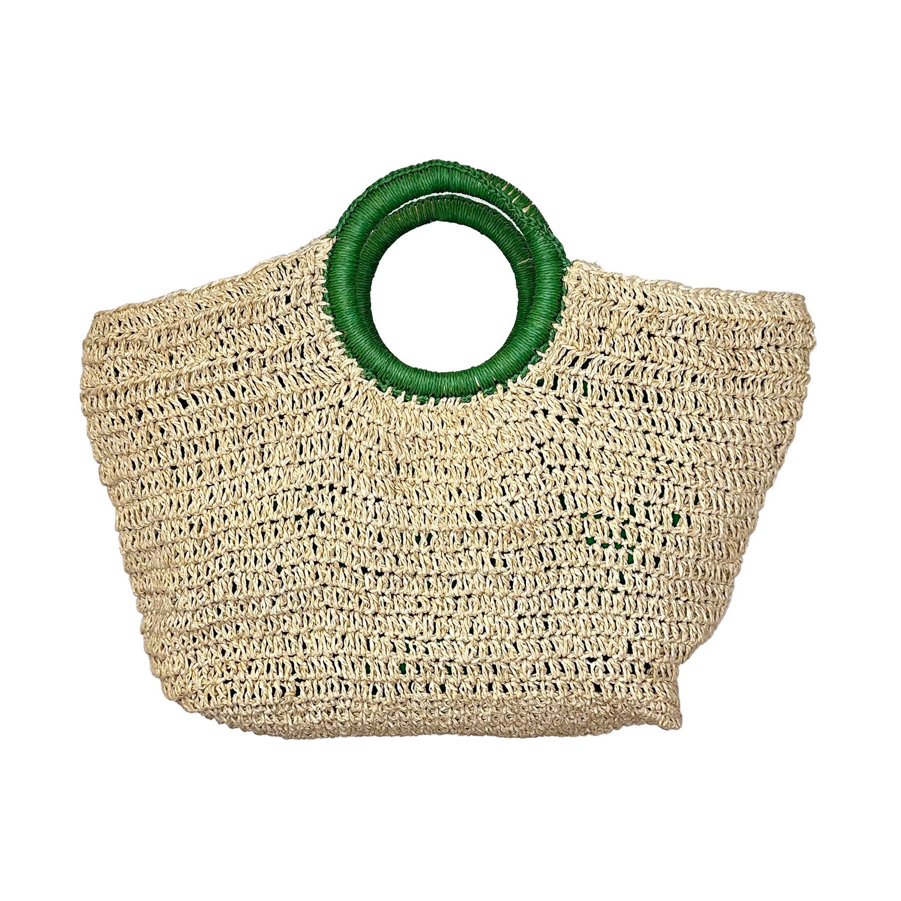 Cali Basket Raffia Bag with Colorful Wrapped Wooden Handle - Green