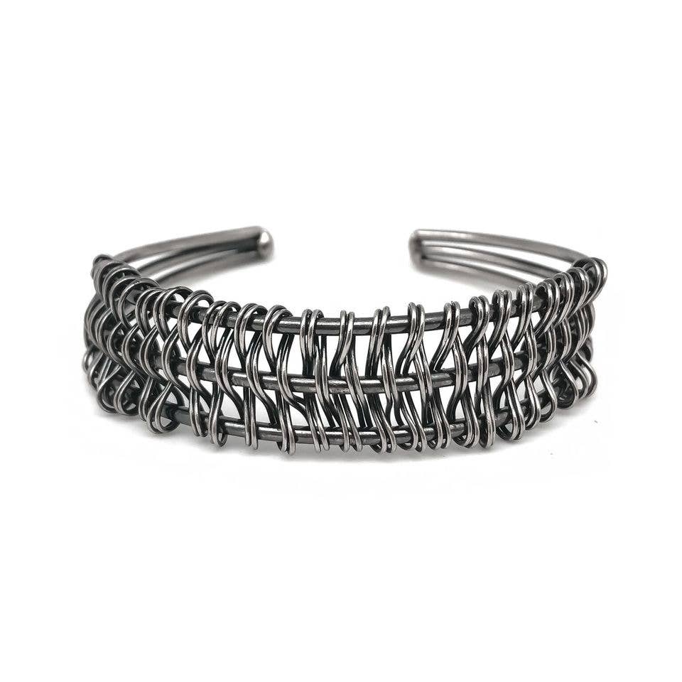 Basketweave Antique Silver Narrow Wire Flat Cuff