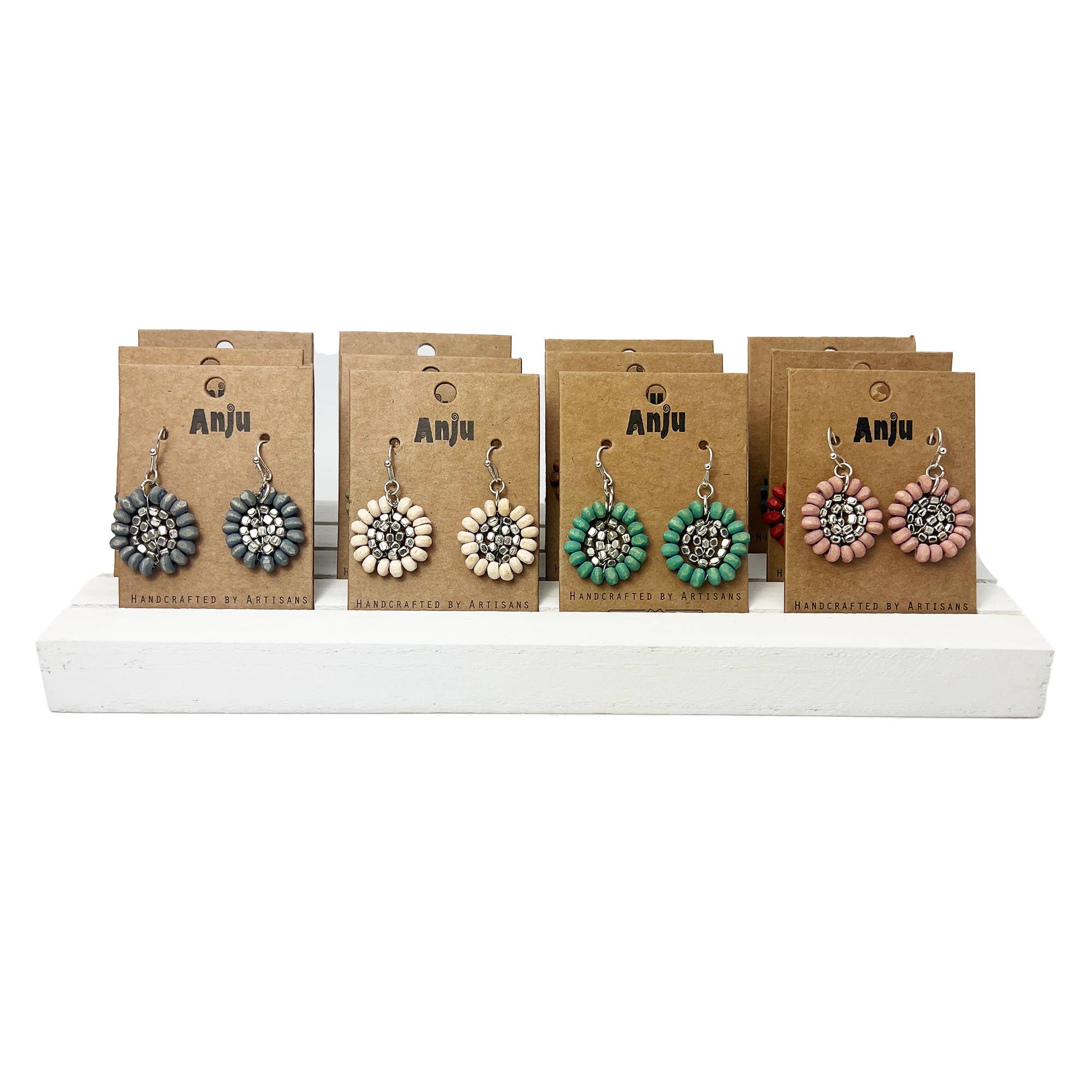 Handcrafted Wood Bead Flower Earring Prepack with Display