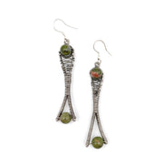 Wire-Wrapped Stone Earrings - Antique Silver, Unakite
