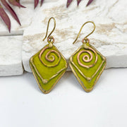 Handcrafted Lime Green & Copper Spiral Brass Patina Earrings