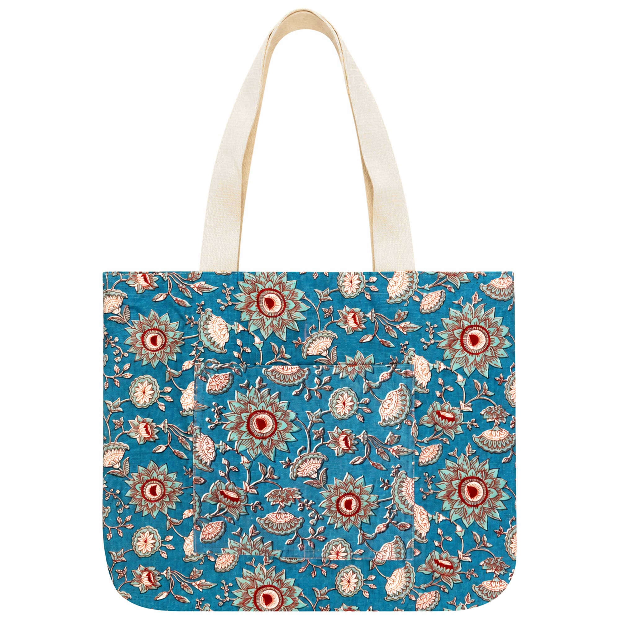Handcrafted Block-Printed Canvas pocket tote Denim Floral