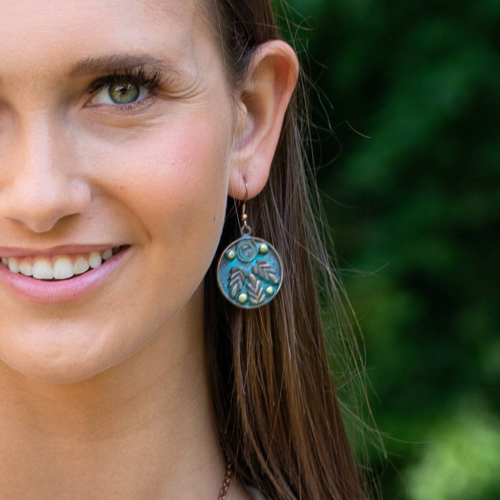 Copper Patina Earrings - Three Leaves and Spiral Teal Circle