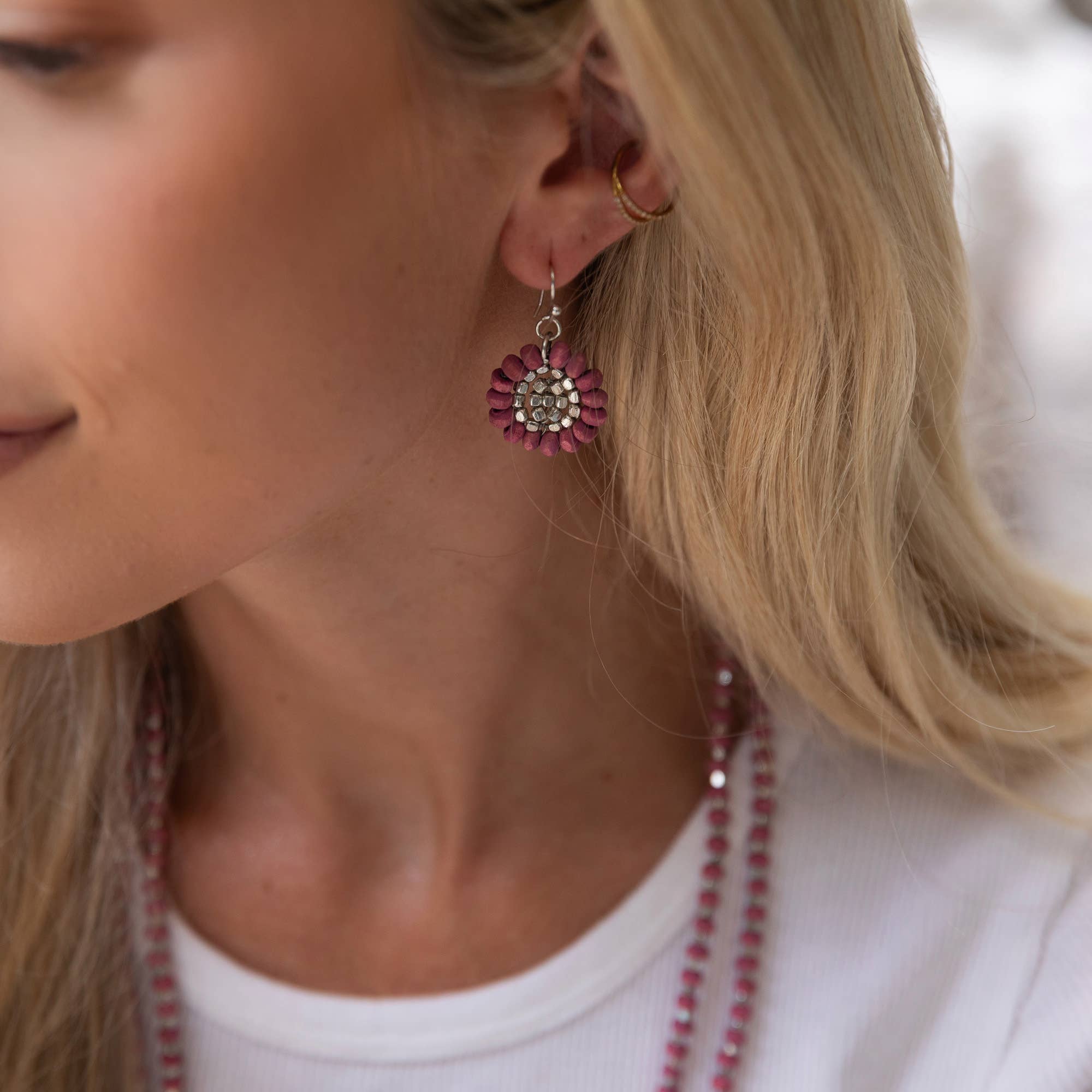 Sachi Wood Bead Flower Earrings - Fuschia