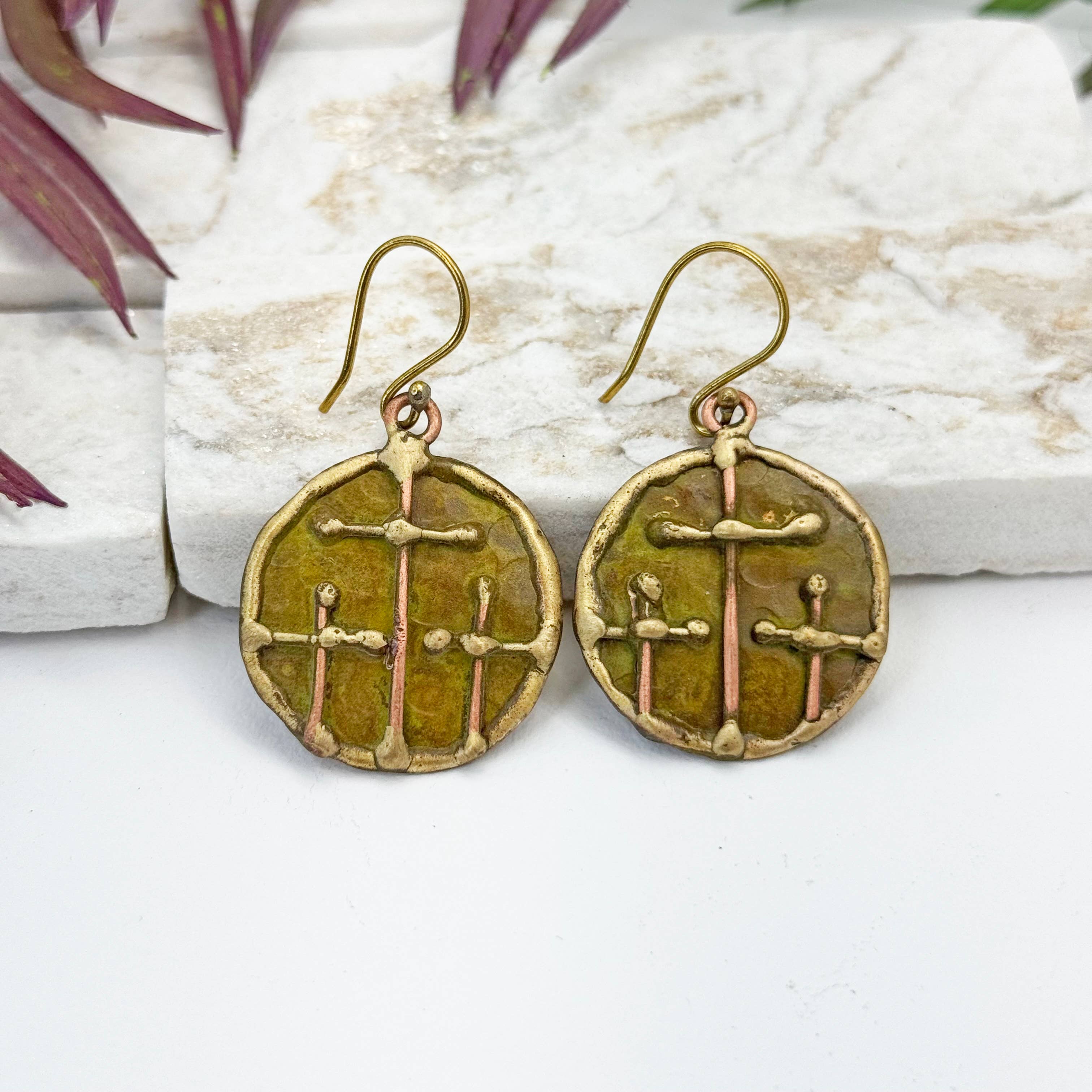 Handcrafted Olive Green Three Crosses Brass Patina Earrings