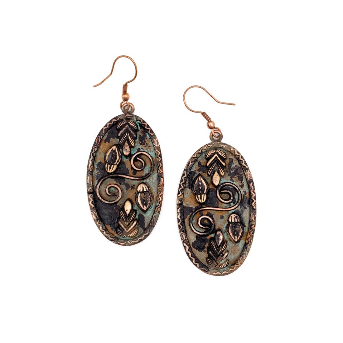 Copper Patina Earrings - Double Spiral and Leaves in Oval
