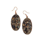 Copper Patina Earrings - Double Spiral and Leaves in Oval