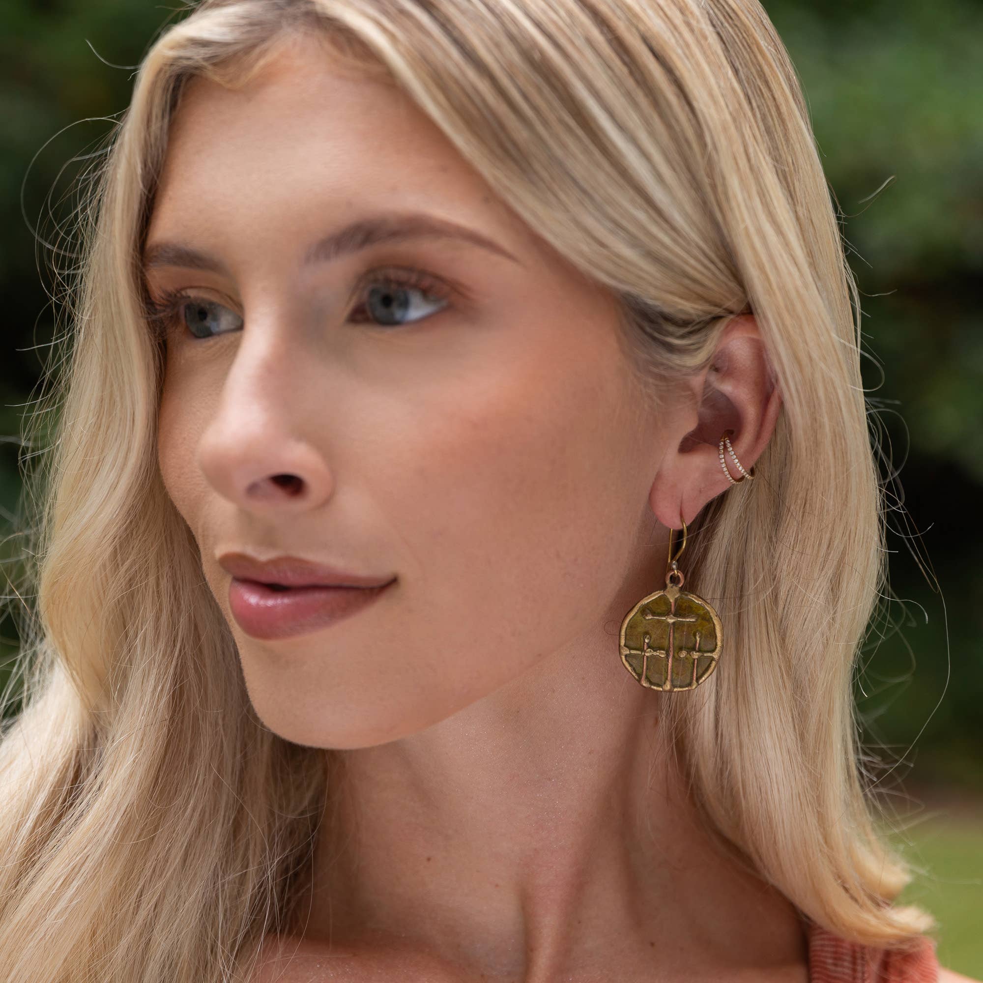 Handcrafted Olive Green Three Crosses Brass Patina Earrings