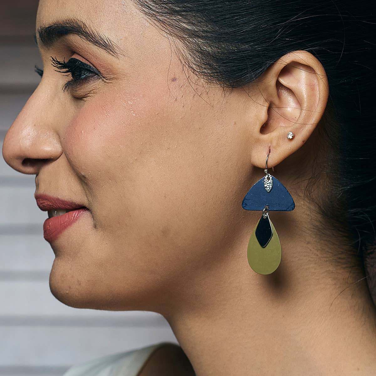 Handcrafted Blue & Olive Patina Mushroom Drop Earrings