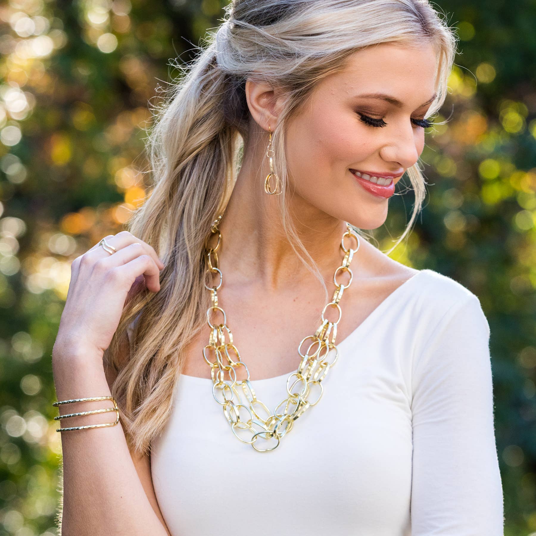 Brass Chain-Link Necklace - Large Links 3 Tiered